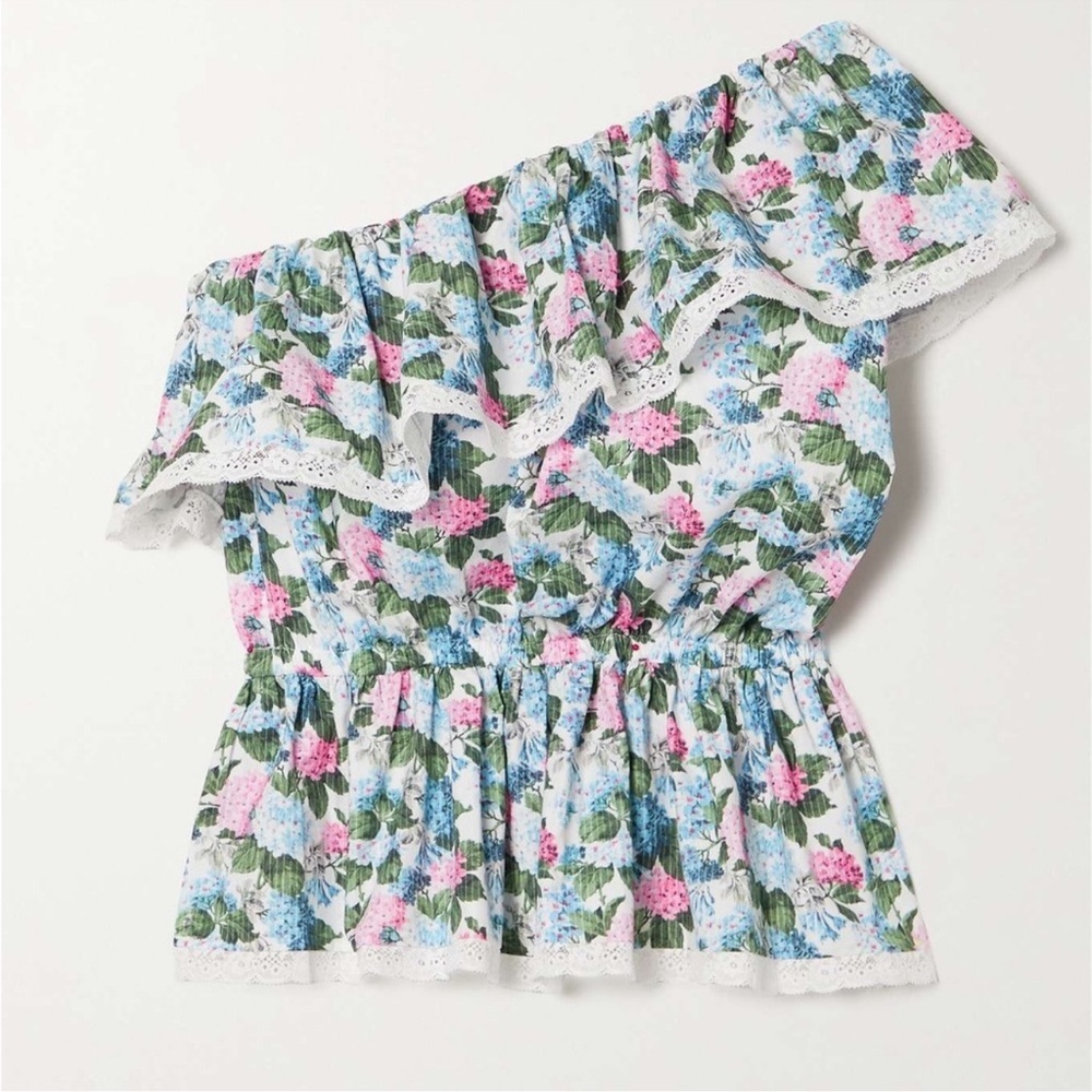 Loretta Caponi Dafne One-shoulder Lace-trimmed Blouse English Floral Medium